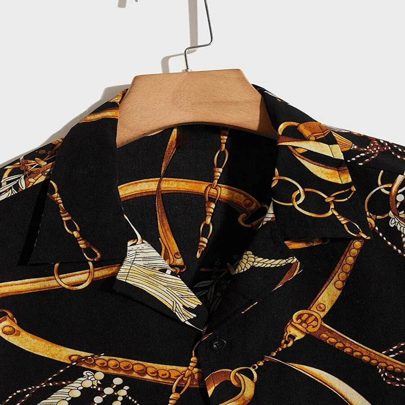 Mens Luxury Dress Shirts Baroque Black Gold Chain Print Casual