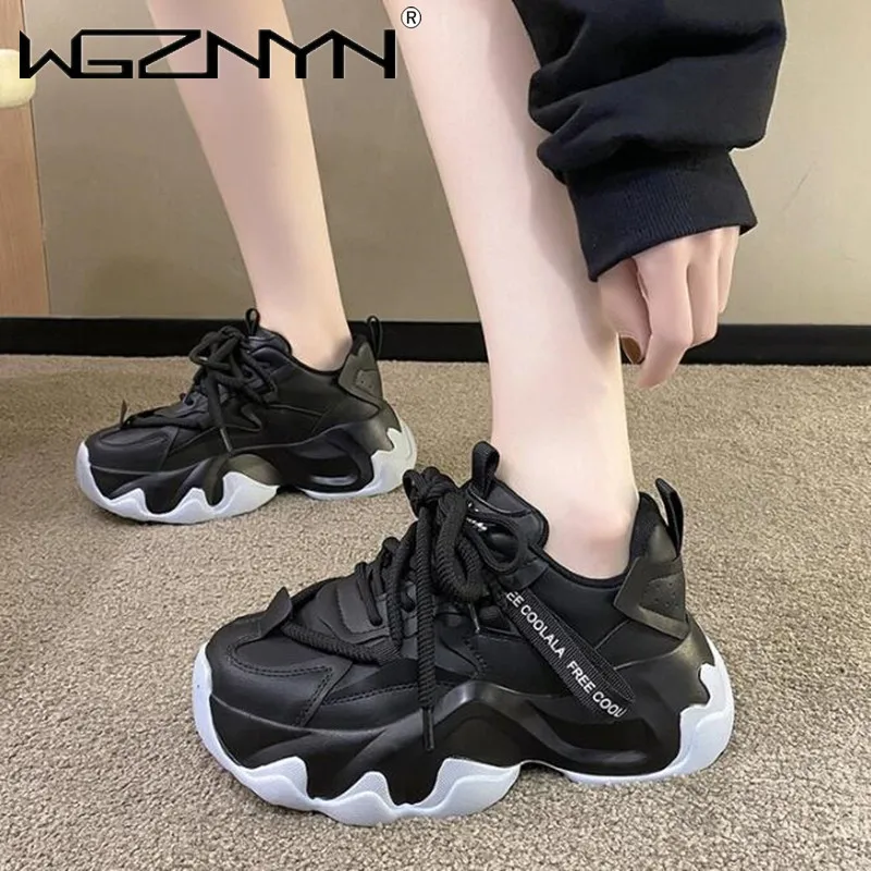 

Black Platform Women's Sneakers 2024 Autumn Lace-Up Thick Bottom Vulcanize Shoes Woman Pu Leather Breathable Sports Shoes Ladies