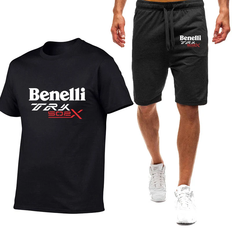 

2023 Benelli TRK 502X Men's New Summer Hot Sportswear Short Sleeve T-shirts Tops Shorts Pants Fashionable Casual 2 Pieces Suits