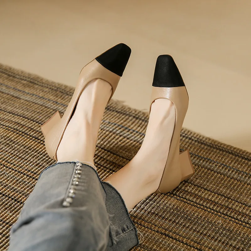 

New Square Headed Single Shoes Women's Thick Heels Soft Leather High Heels