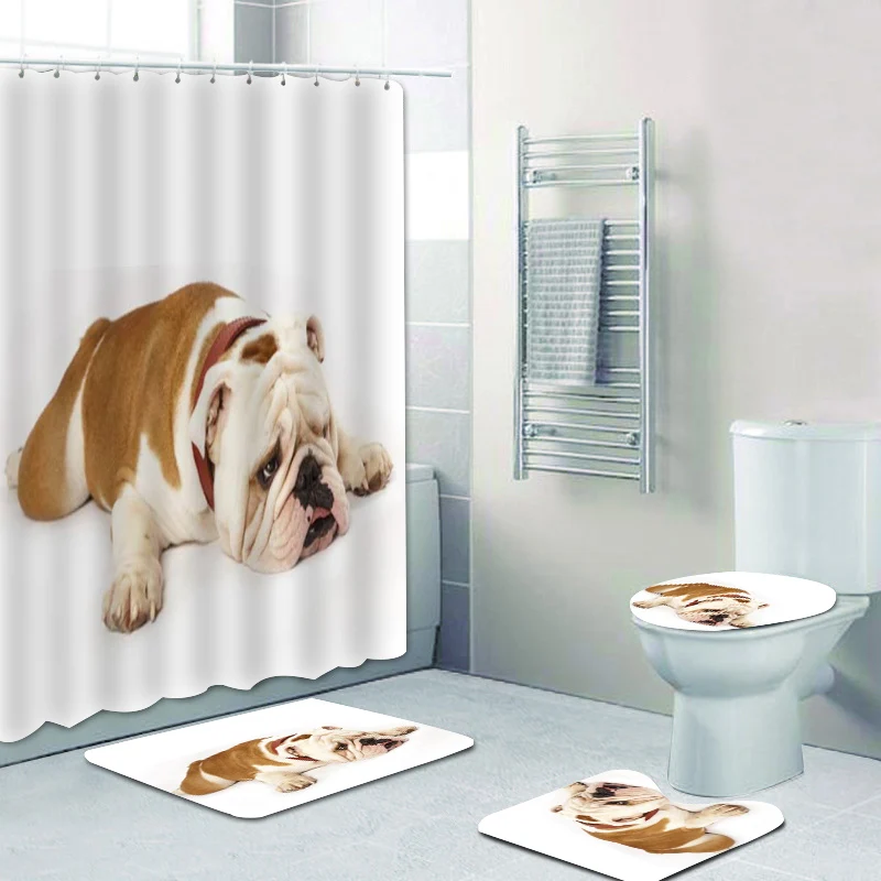 

Funny 3D English Bulldog Close Up Shower Curtain Set for Bathroom Dog Portrait Bathroom Mats Rugs Toilet Accessories Home Decor