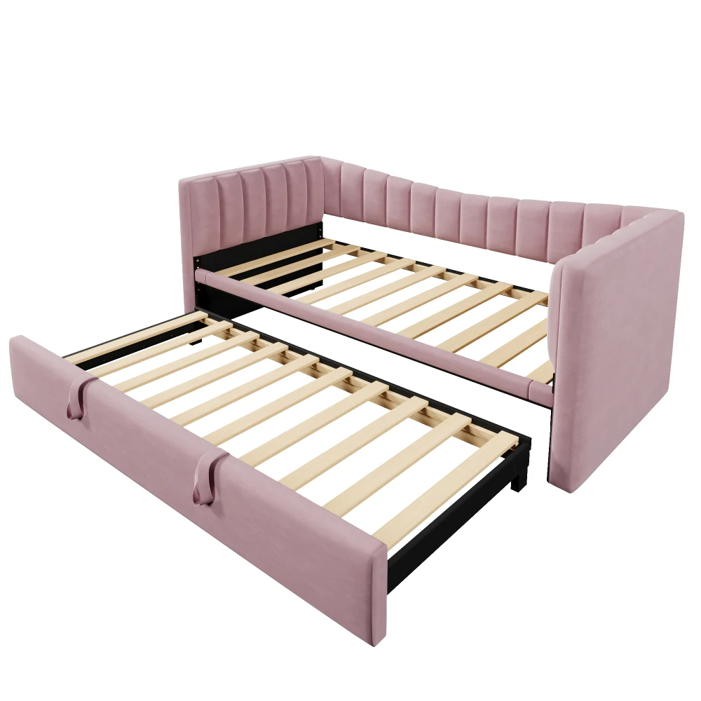 Tagesbett, 90 x 200 cm (180 x 200 cm), gepolstertes Bett mit ausziehbarem Bett, Schlafsofa, Einzelbett, Doppelbett (ohne Matratze), Samt – Detail 17