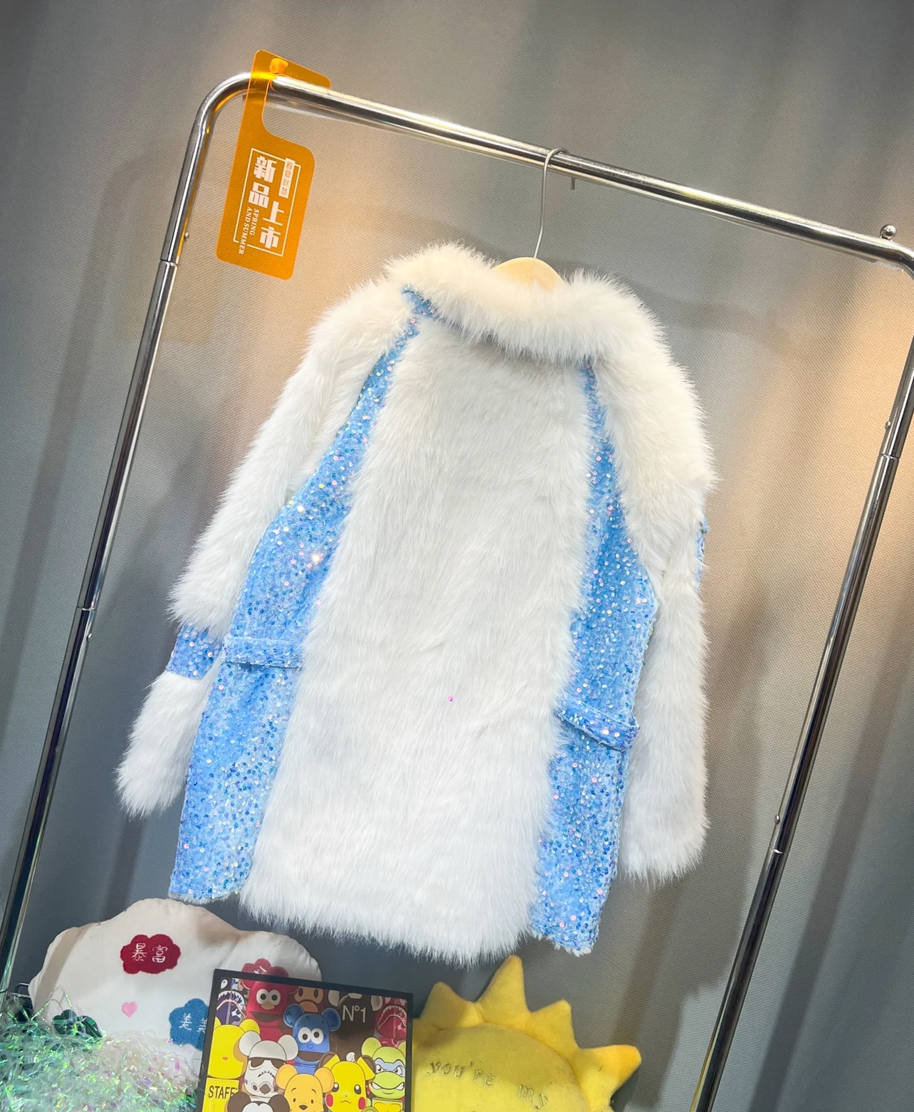 Contrast Color Sequins Pocket Thicken Women Fur Jacket Coat 2023 New Winter Mid-long Outwear Loose Long Sleeve Faux Fur Overcoat