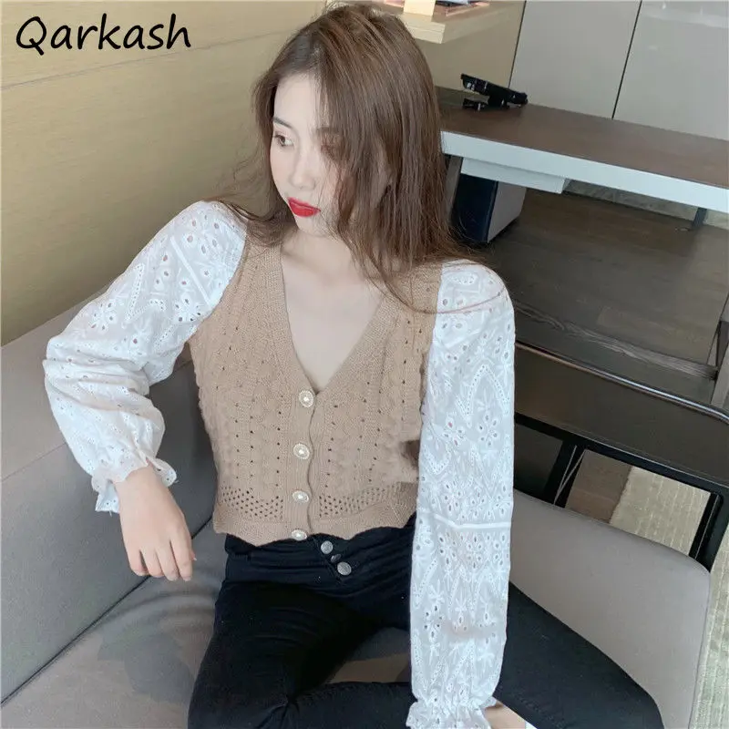 

Cardigan Women Ins V-neck Fake Two Piece Design Chic Comfortable Tender Korean Style Elegant Sweater Knitted Slim Spring Fall