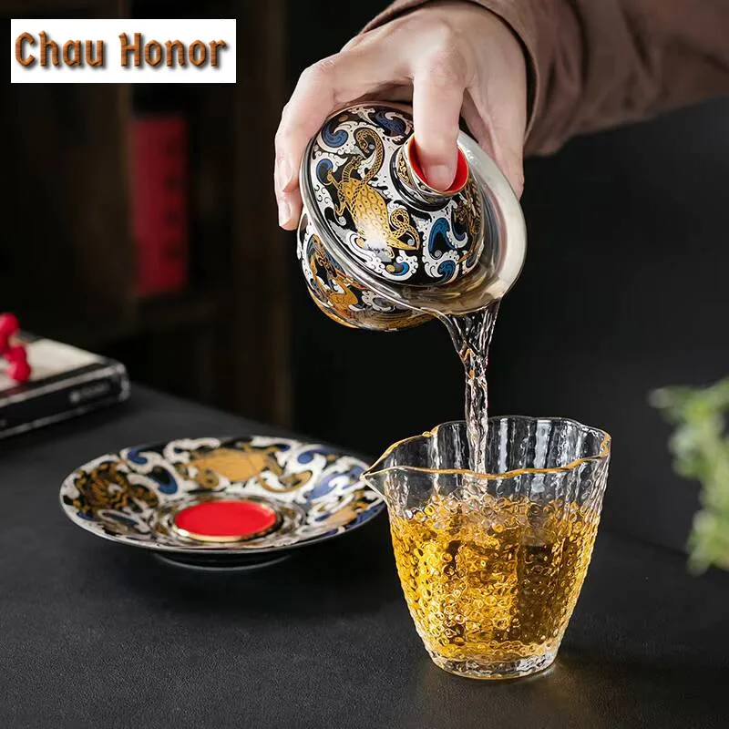 170ml Handmade Gold Coin Taotie Gaiwan High End Anti Scalding Gilded Silver Tea Tureen Tea Making Bowl Tea Ceremony Collection