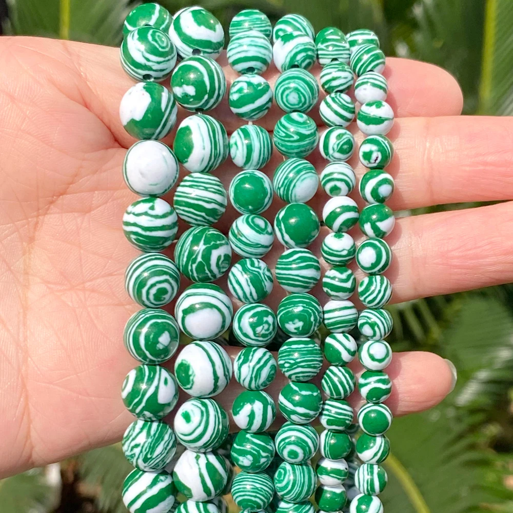6/8/10mm Natürliche Runde Grün Weiß Malachit synthetische Türkisen Spacer Lose Stein Perlen Für Schmuck Machen DIY Armband 15"
