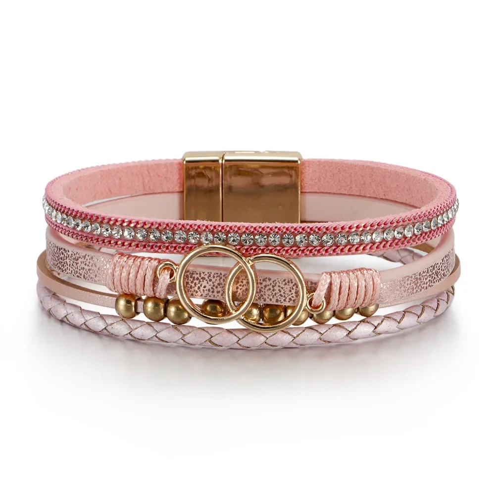 

Light luxury fashion leather double circle charm bracelet for women, magnetic clasp bangle