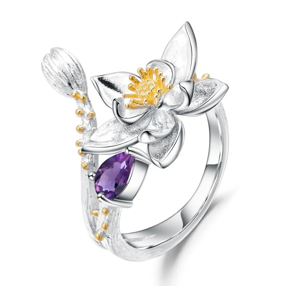 

Open Adjustable Gold Plated Handcrafted 925 Sterling Silver Natural Amethyst Rings Women