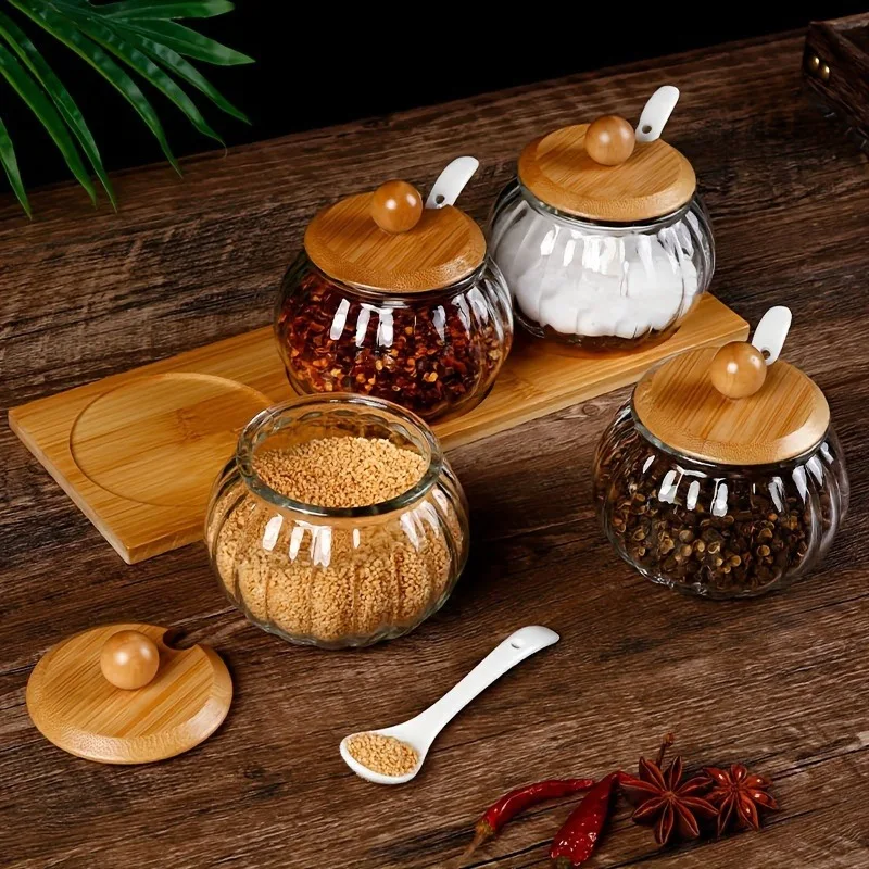 Kitchen Pumpkin Shaped Glass Spice Jar Set with Bamboo Base Salt Pepper Spice Storage Container Moisture-proof Seasoning Jar Set