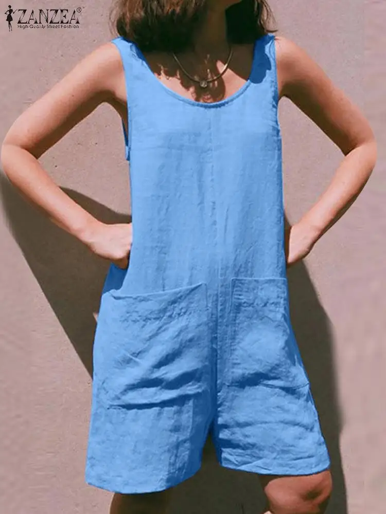 

ZANZEA Women Round Neck Playsuit 2023 Summer Sleeveless Solid Color Short Rompers Holiday Big Pocket One-Piece Shorts Oversized