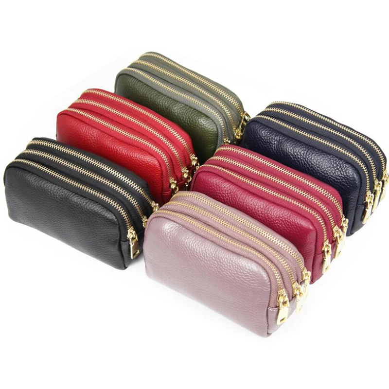 

Three Pocket Design Genuine Leather Wallet Women Purse Cow Leather Purse Key Chain Mini Purse Unisex Coin Wallet