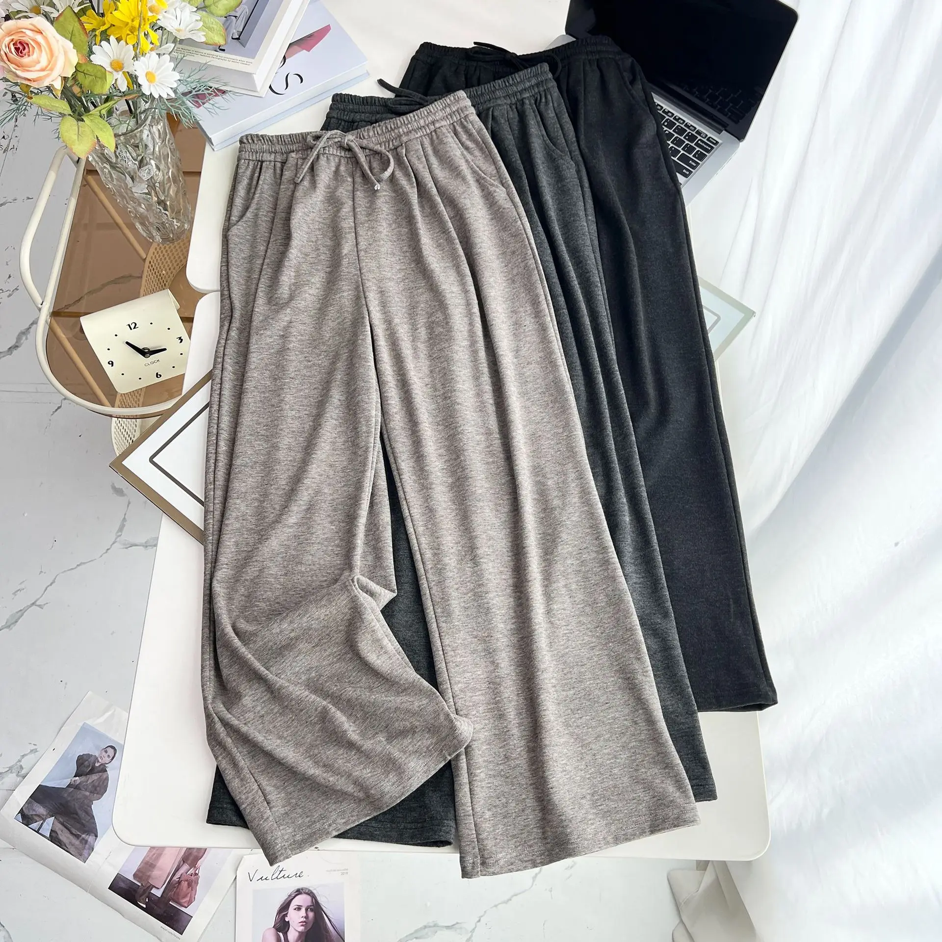 Plus Size Women's Straight Leg Pants 2025 Autumn New Style Simple Casual Drawstring Waist Full Length Trousers 8021