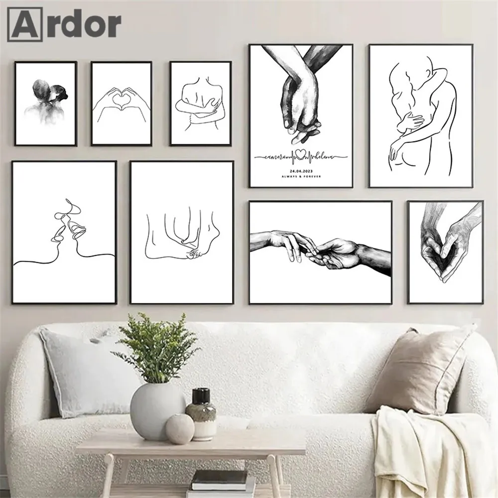 

Abstract Couple Hand Poster Custom Name Date Wall Art Painting Line Canvas Print Black White Posters Wall Pictures Bedroom Decor