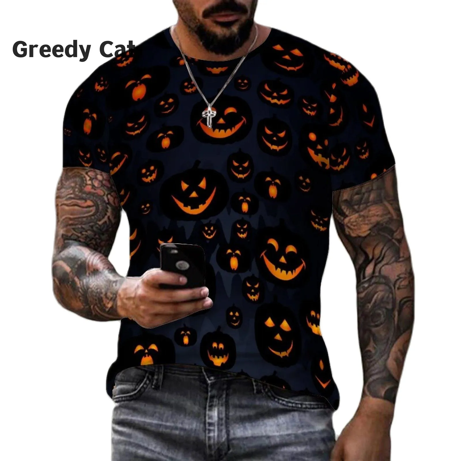 Halloween T-Shirt Men'S Tops 3d Printed Pumpkin Light Pattern T-Shirt Men'S Short Sleeve Party Street Festival Costume Oversized