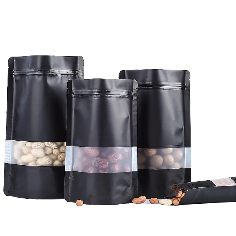 100Pcs/Lot Black Stand Up Aluminum Foil Frosted Transparent Window Food Package Bag Candy Snacks Chocolate Tea Dried Fruits Nuts