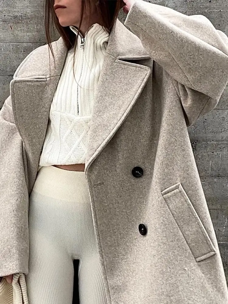 Women Double Breasted Woolen Coat Lapel Collar Long Sleeves Solid Long Wool Coat Winte Fashion Warm Loose Woolen Overcoat