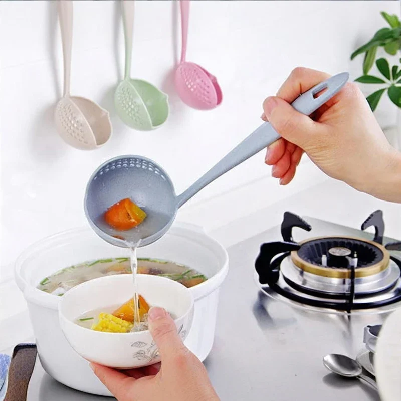 Serving Spoon 2 in 1 Soup Wheat Straw Long Handle Straining Ladle Pan with Filter Strainer Kitchen Utensils