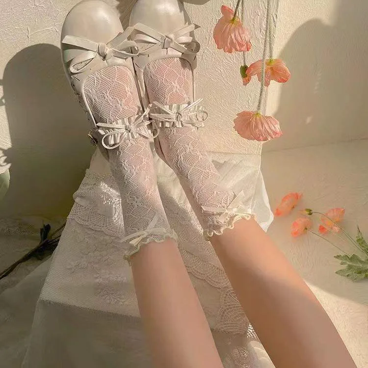 Damen Socke Frühling Sommer atmungsaktiv ultra dünne Spitze Socke farbige Schleife Mädchen dünne Socke einfache Mode Trend einfarbig Großhandel