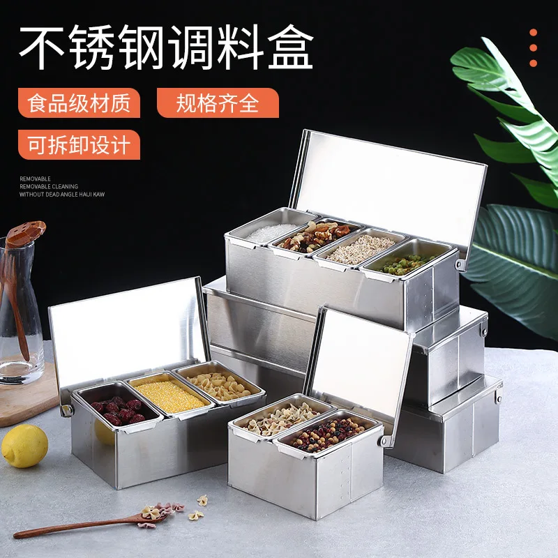 

Stainless Steel 2/3/4/5/6 Section Ingredients Box Salt Sugar Cheese Sauce Box Seasoning Box Pizza Making Tool