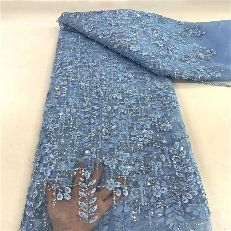 

High Quality Beaded Lace Tulle Fabric For Party Clothes Luxury African Embroidered Mesh Dress Material With Handmade Beads