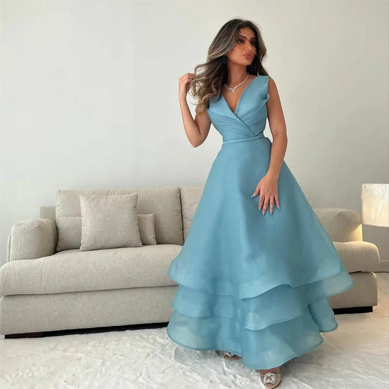 

Graceful Classic Blue Organza Sleeveless Evening Dresses A-Line V-Neck Floor-Length Formal Party Gowns Robes De Soirée ﻿