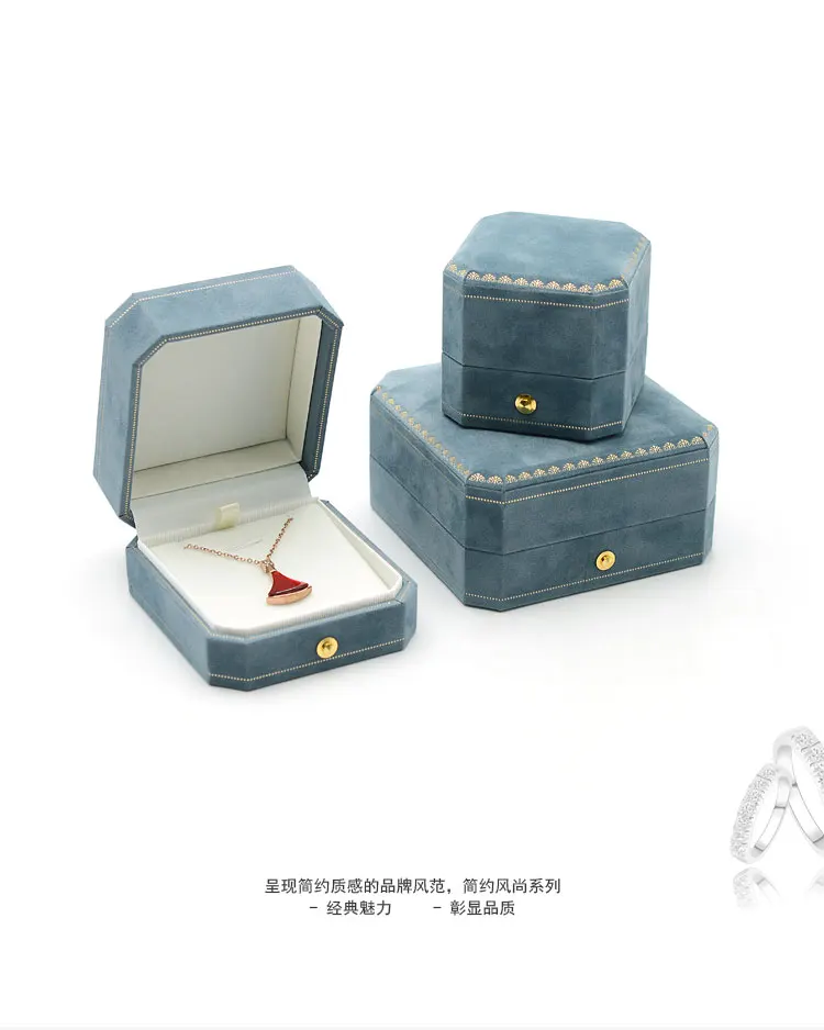 Octagonal Floral Jewelry Box Light Blue Velvet Lined Ring Holder Bracelet Necklace Organizer Gift Box for Wedding Proposal