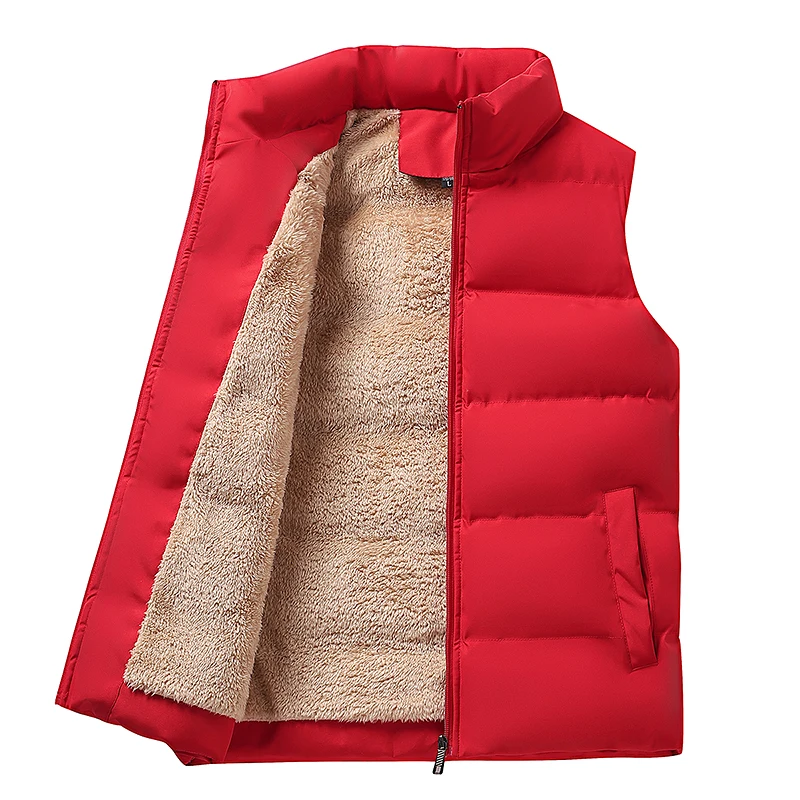 Autumn Winter Men's Pockets Turtleneck Zipper Solid Flocked Sleeveless Cardigan Vests Coats Loose Vintage England Style Tops