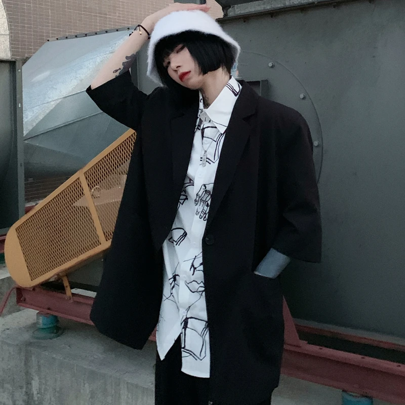 Women's Black Loose Blazers with Pockets, Korean Fashion, Summer Clothes, Office Ladies Suits Jackets, Oversized Goth Streetwear aesthetic blazers newspapers pattern print single button suits women indie black white woman oversize fashion loose blazers new