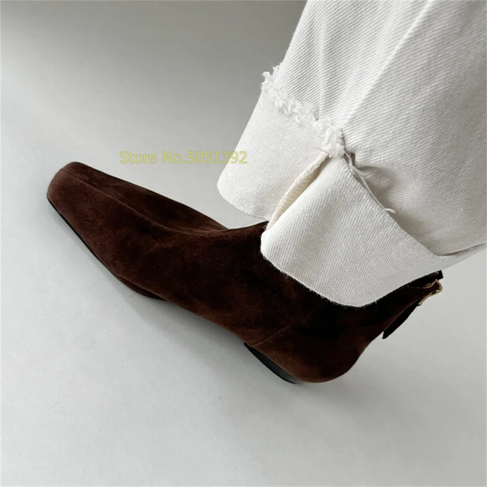 

Back Zipper Ankle Women Booties Suede Square Toe Medium Heel Brown Black Winter Autumn Runway Dress Boots Kitten Heel Shoes