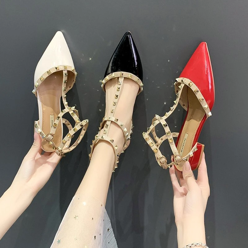 Fashion Shoes for Women Slingbacks Buckle Female Sandals Spring Pointed Toe Rivet Shallow Sexy Dress Party Low Heels Shoes