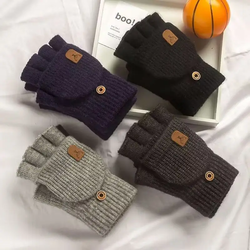 1 Pair Knitted Flip Gloves Wool Gloves Exposed Finger Thickening Winter Warm Touch Screen Fingerless Glove Cycling Sports glove 2