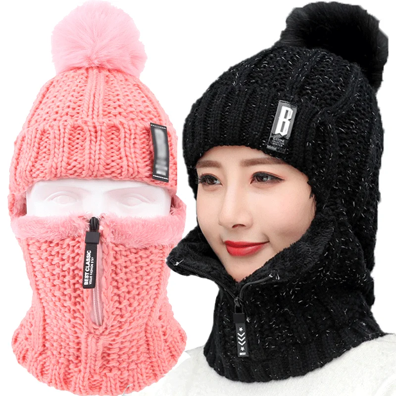 

Coral Fleece Women Knitted Hats Add Fur Warm Winter Hats for Women with Zipper Scarf Keep Face Warmer Balaclava Pompoms Cap