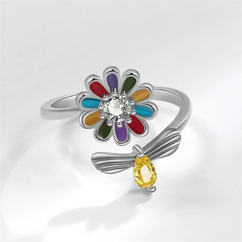 WYEAIIR Cute Bee Flower Colorful Zircon Rotatable 925 Sterling Silver Resizable Opening Ring For Women Luxury Jewelry 3
