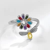 WYEAIIR Cute Bee Flower Colorful Zircon Rotatable 925 Sterling Silver Resizable Opening Ring For Women Luxury Jewelry 3