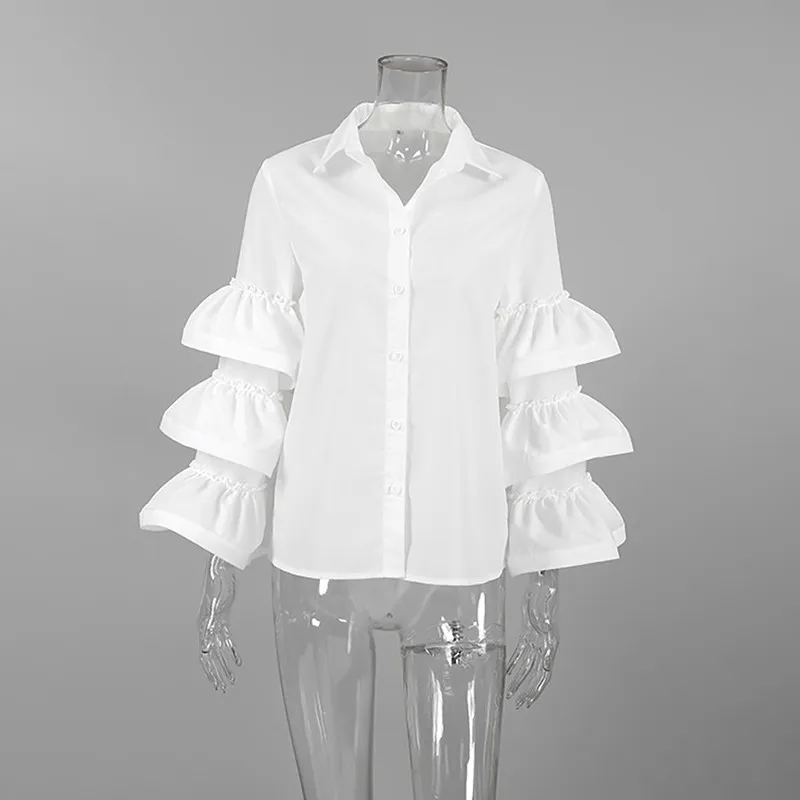 KBQ Solid Patchwork Ruffles Chic Blouse For Women Lapel Butterfly Sleeve Spliced Single Breasted Shirts Female Fashion Clothing