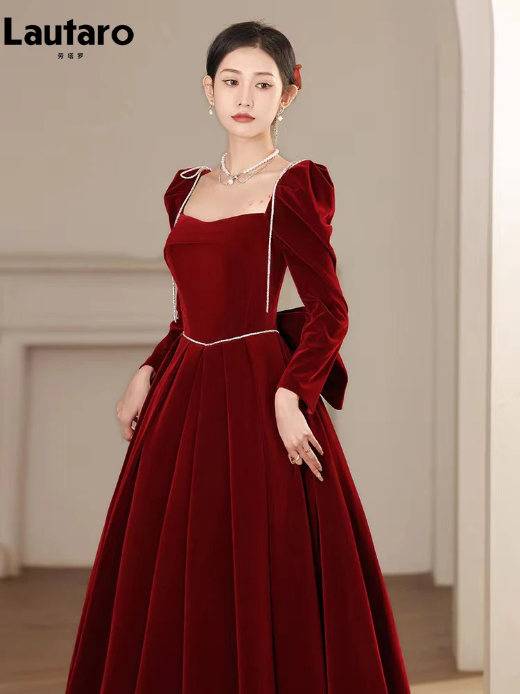 Lautaro Spring Extra Long Birthday Party Evening Velvet Maxi Dresses for Women Puff Sleeve Square Neck Luxury Elegant Clothing 3