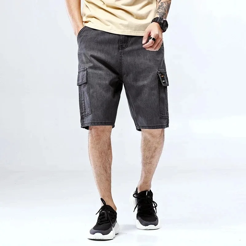 Plus Size 40 Men's Loose Blue Denim Shorts Summer New Big Pocket Straight Jeans Cargo Shorts Male Plus Size Five Point Pants