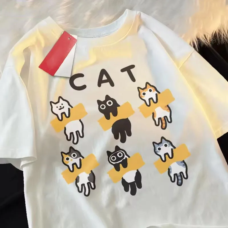Tシャツ・カットソー IONSEOUL Cat Over Short Sleeve T-Shirt JE1091 Summer Short Sleeved T-shirt 2025 New Korean Ins Retro