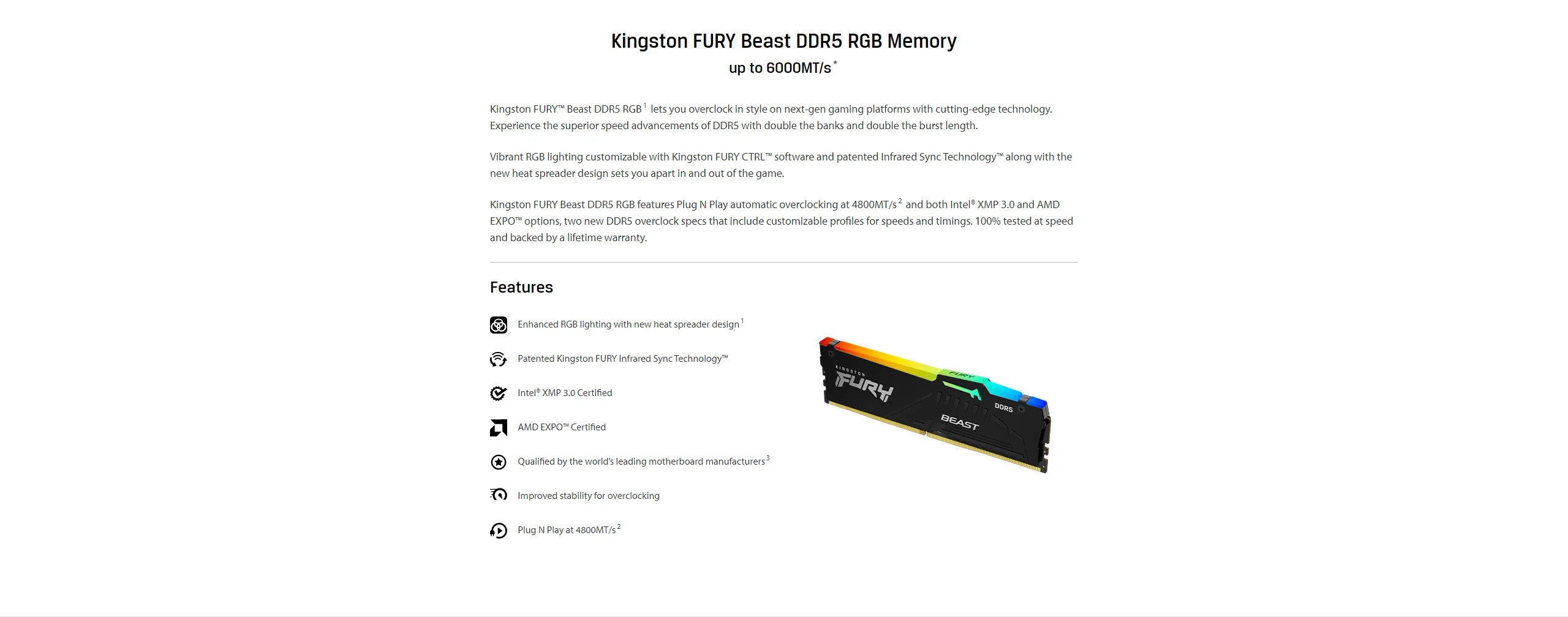Description Picture 4 of itemKingston FURY Beast DDR5 RGB White AMD EXPO 16GB 32GB 5200 5600 6000 MHz Desktop AMD Intel CPU Motherboard  RAMs 1.1V
