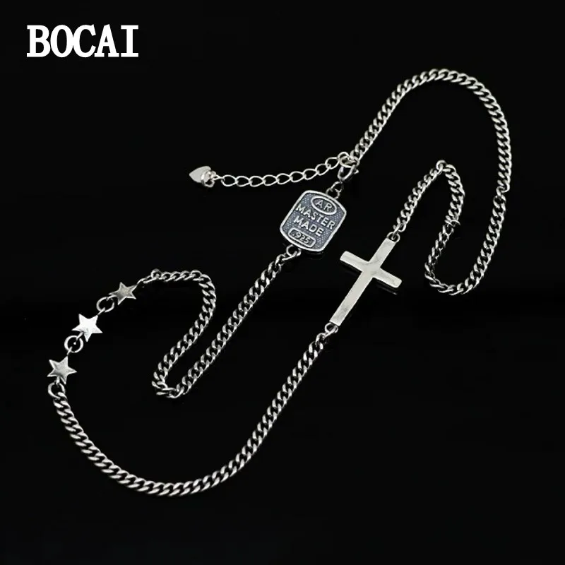 

BOCAI New S925 Sterling SilverS Retro Worn Out Fashion Personality Pentagram Cross Clavicle Chain Female Short
