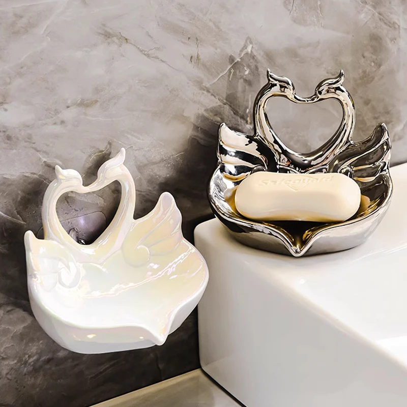 Creative Ceramic Soap Box, Light luxury Cute Swan Shaped Soap Dishes, Home Bathroom Kitchen Supplies, Bathroom storage rack, 1Pc