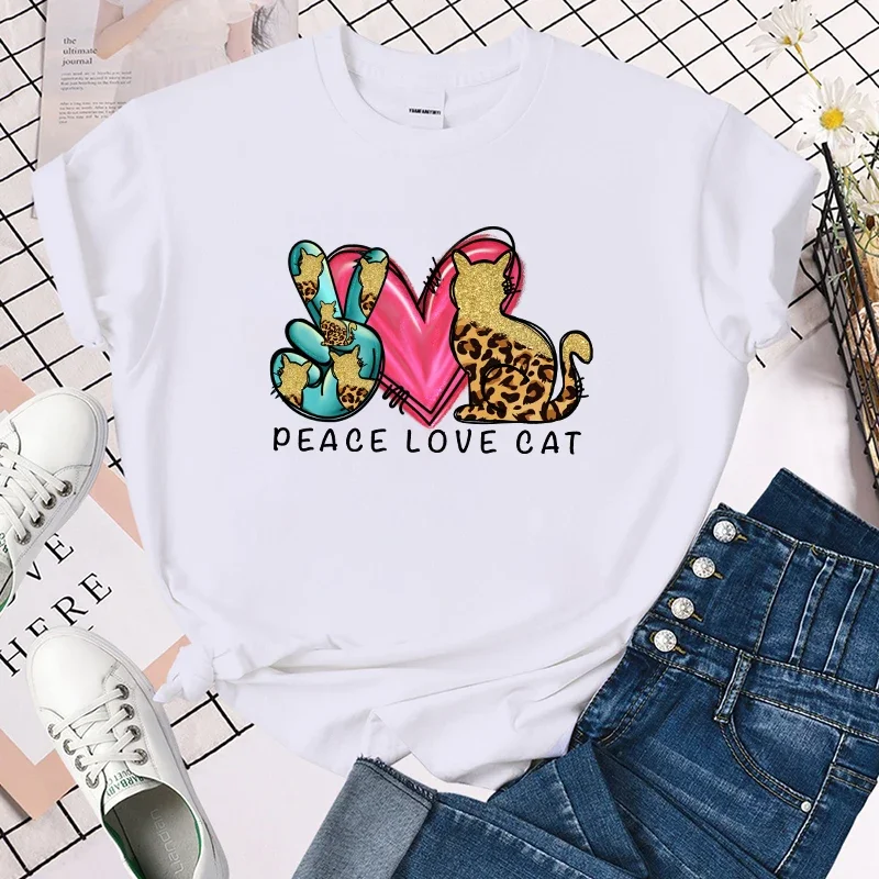 

Футболка премиум-класса с надписью Peace Love Cat, женские футболки с надписью Peace Love Cat, рубашки с коротким рукавом, летняя футболка с круглым вырезом, Топ