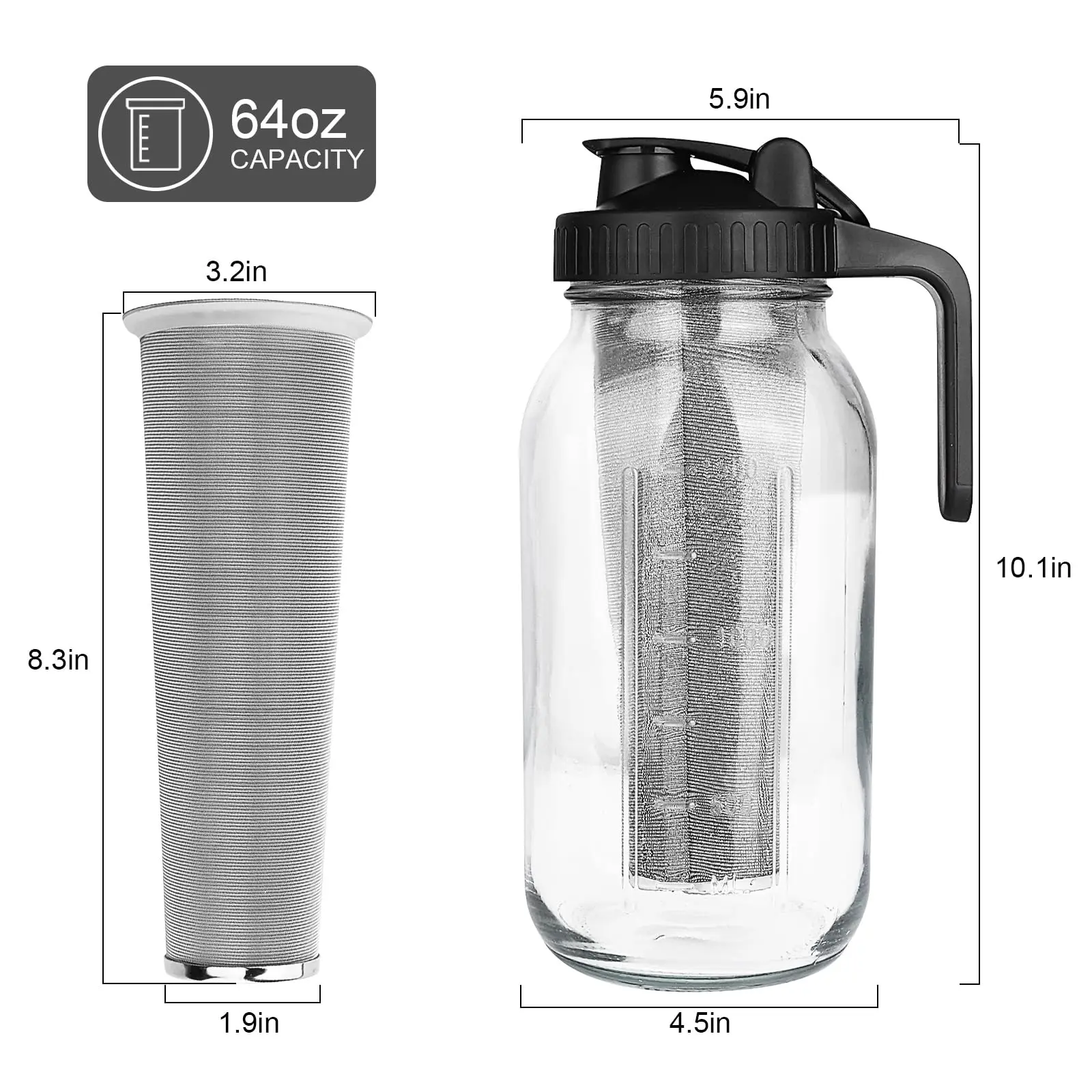 Cold Brew Coffee Maker,64 oz Mason Jar Pitcher with Stainless Steel Filter, Pour Spout Handle Lid, Heavy Duty Glass Airtight