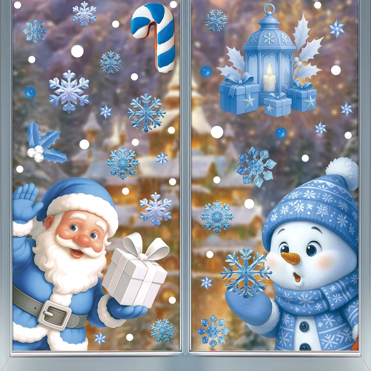 Christmas Decorative Stickers Cartoon Santa Snowmen Bells Static Window Glass Stickers for Holiday Party Decor