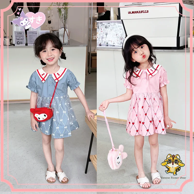 

Sanrio Short-Sleeved Dress and Bag Sets Melody Kawaii Fasion Girls Lapel Skirt little satchel lovely Kids popular Casual Clothes