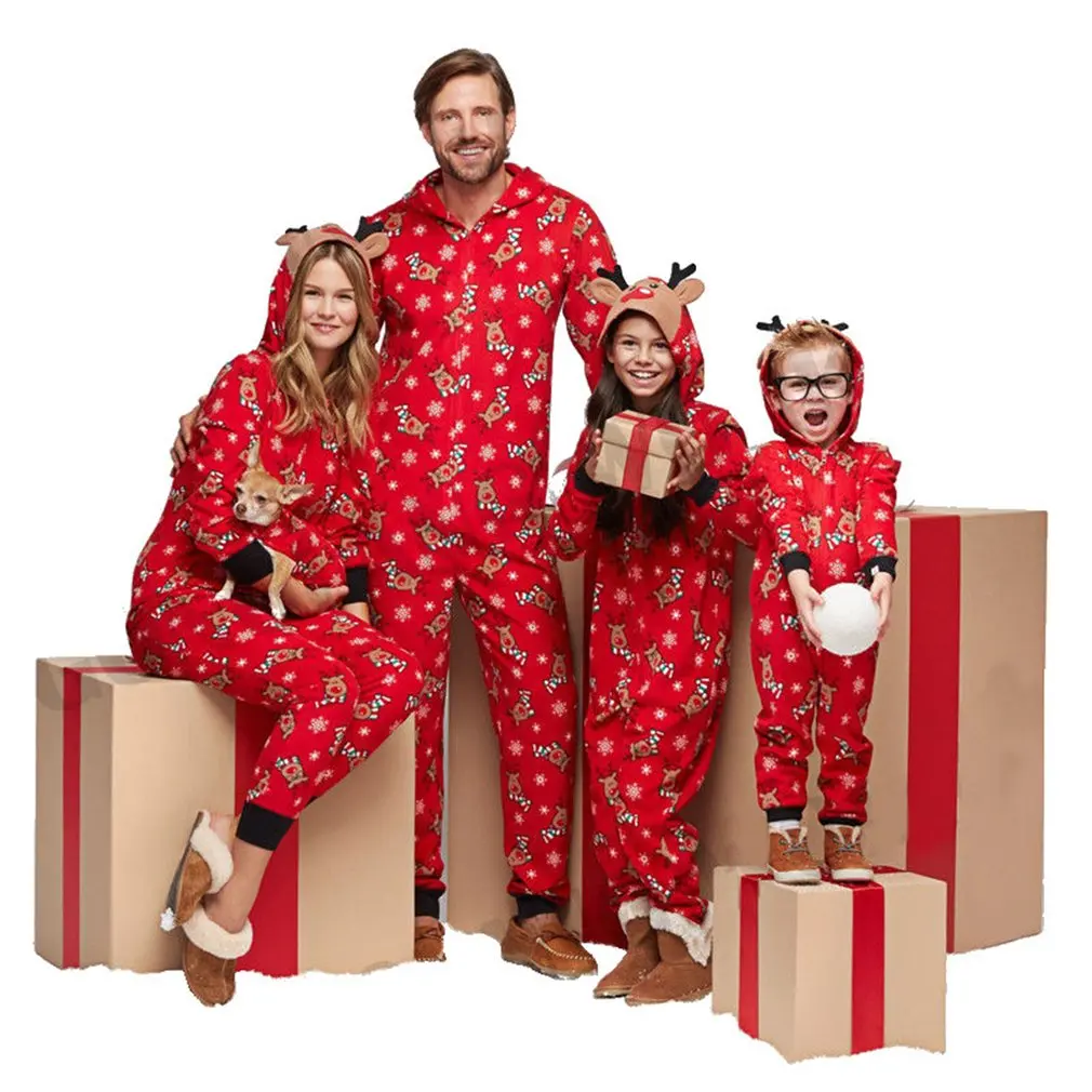 

Pajamas Set Fashion Hooded Christmas Printed Jumpsuit Christmas Parent-child Wear Cute And Comfortable Pure Cotton Homewear