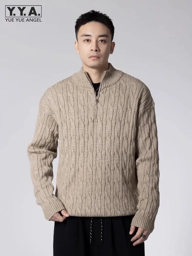 Vintage Mens Winter Zipper Turtleneck Sweater Jumpers Solid Colors Long Sleeve Knitted Pullover Tops Casual Streetwear Sweaters