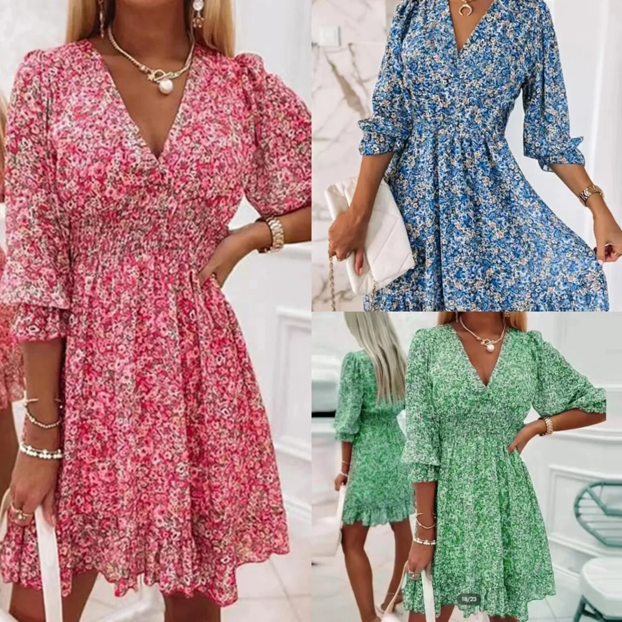 

2023 Half Sleeves Print Flowers Short Chiffon Dress