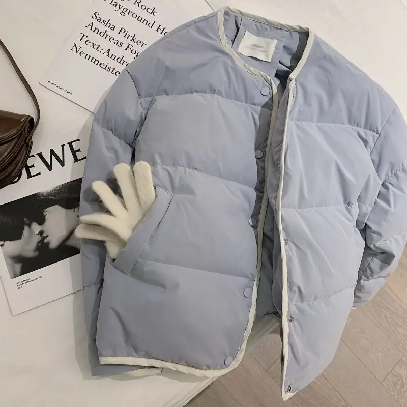 

Vintage Blue Parkas Women Korean Fashion Casual Cotton Padded Coat Female Autumn Winter Single Breasted Oversized Thin Outerwear