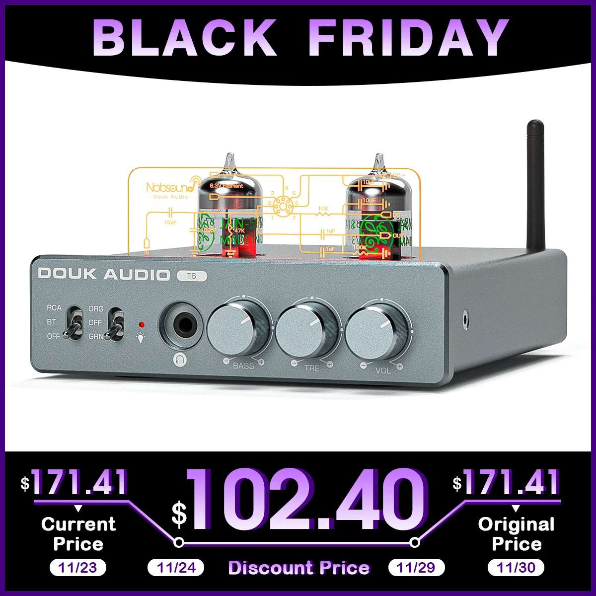 Nobsound T6 Hifi Vacuum Tube Amplifier Bluetooth 5.1 Preamp 2.0 Channel Stereo Audio Power Amp W